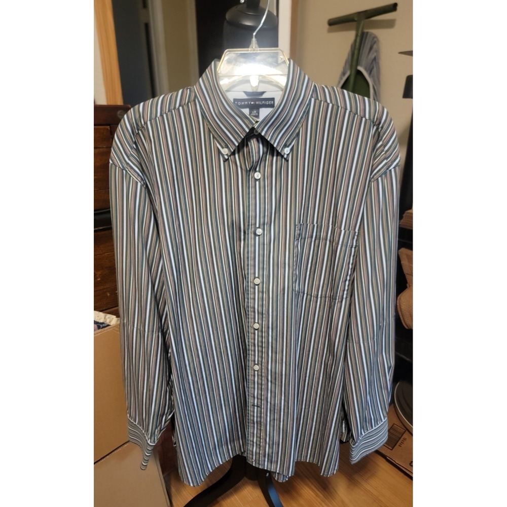 Tommy Hilfiger Men's Green Yellow Red Button Striped Down Shirt Large